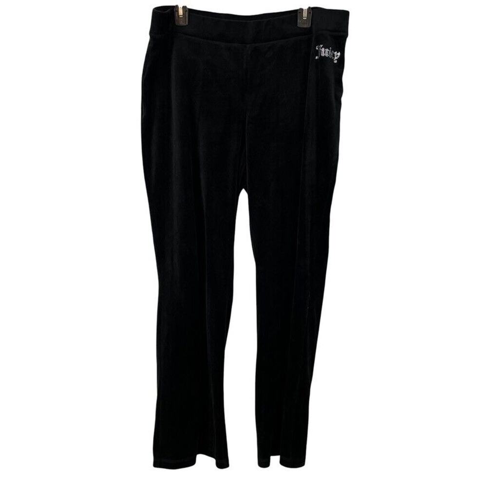 Juicy Couture Womens Black Velour Bootcut Rhinestone Logo Pull On Pants Y2K XL